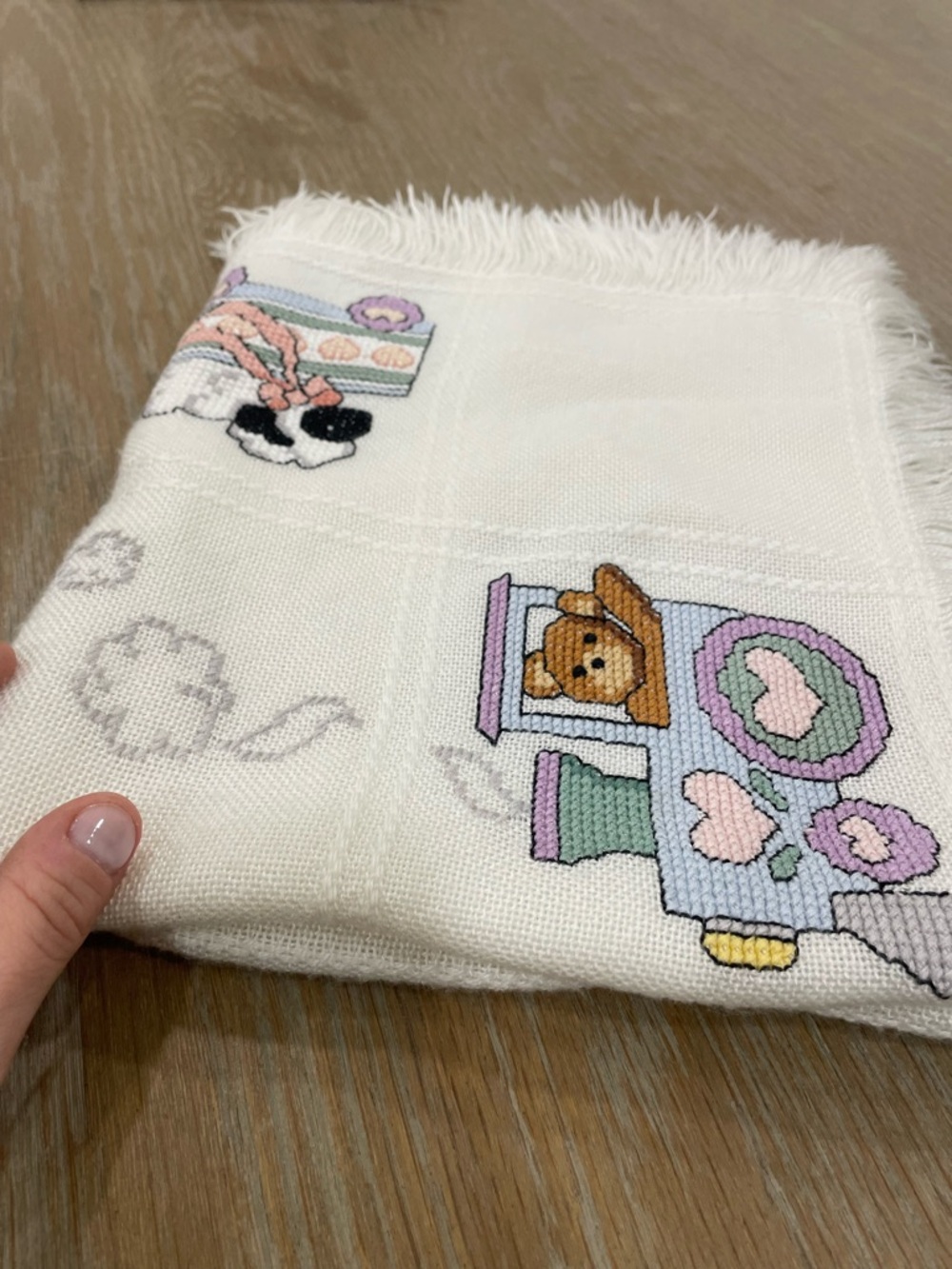 Embroidered White Baby Blanket with animal Train Motif 38x22